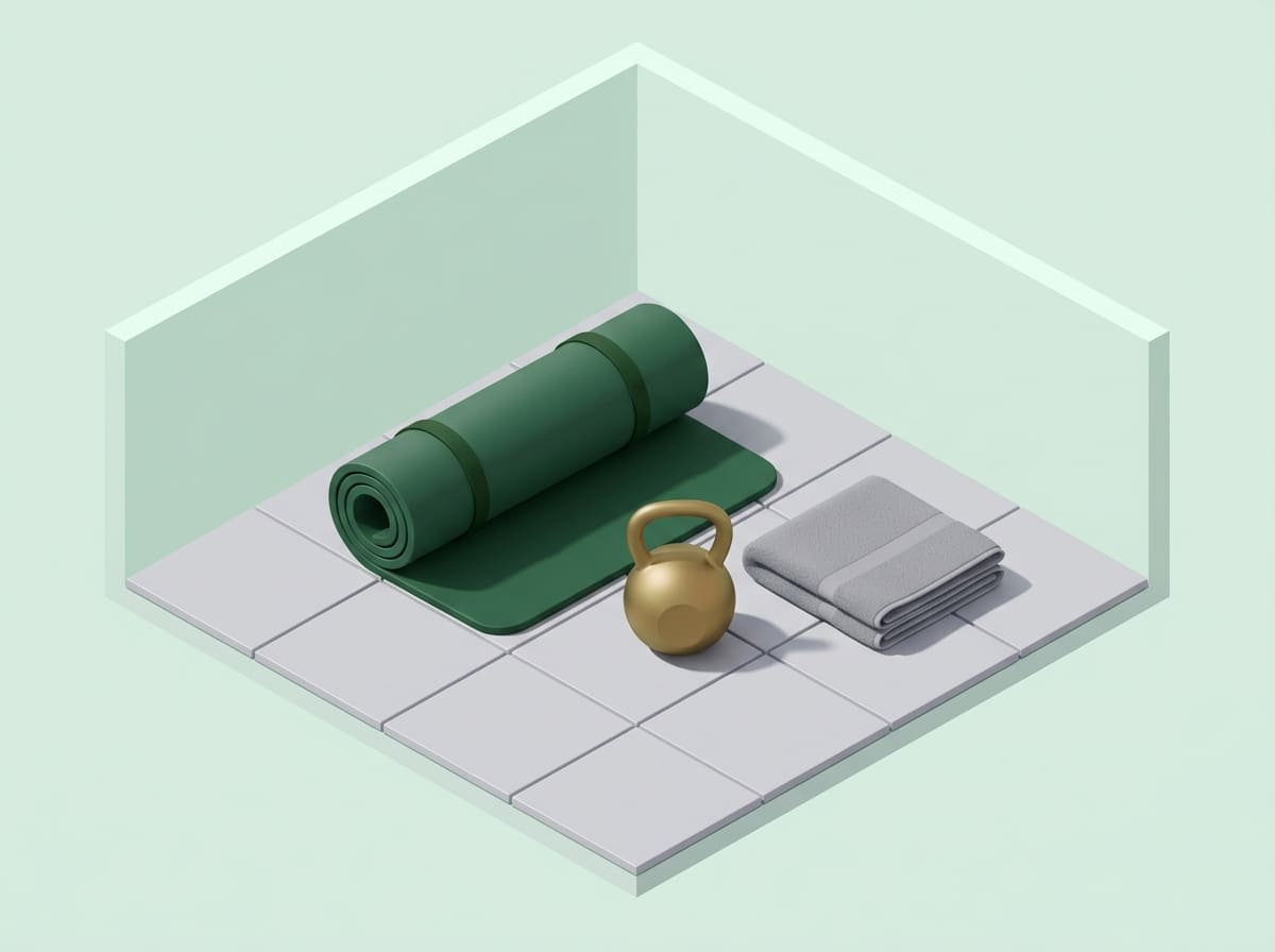 Clean isometric 3D illustration of a rolled deep green exercise mat lying next to a small brass kettlebell and a folded