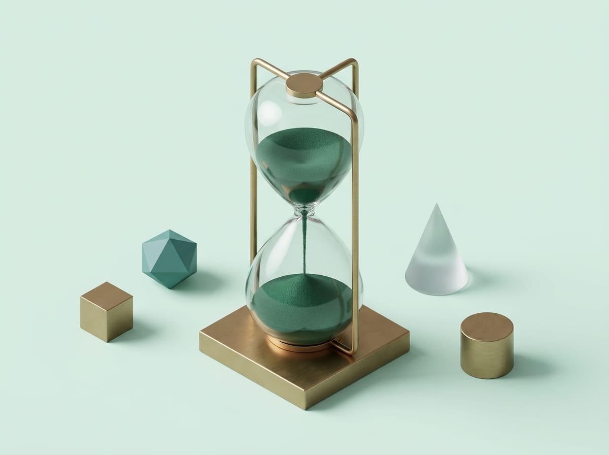 Clean isometric 3D illustration of a sleek glass hourglass with deep green sand resting on a small square brass base, so
