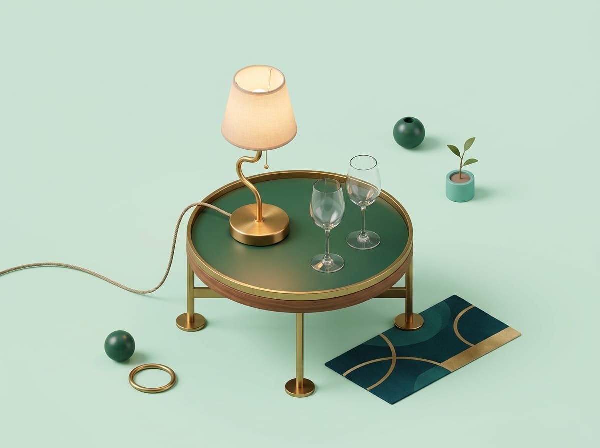 Clean isometric 3D illustration of a small brass table lamp glowing softly beside two empty stemmed glasses on a low rou